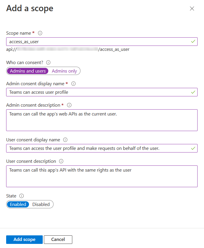 The screenshot shows how to add scope details in Azure.