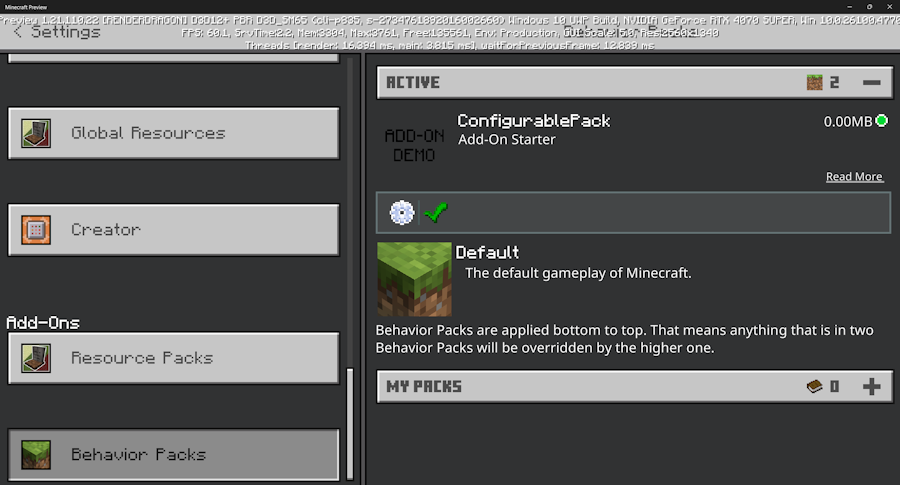 In-game pack menu entry point
