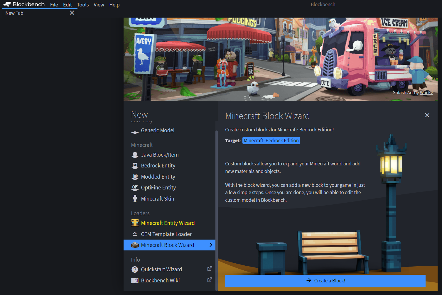 Minecraft Block Wizard showing where to get started.