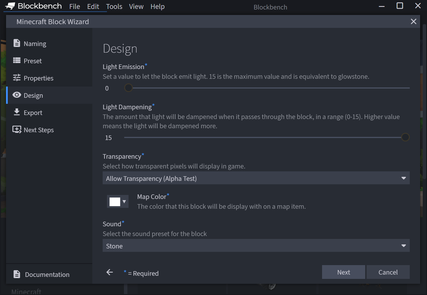 Minecraft Block Wizard showing where Creators can set the design properties.