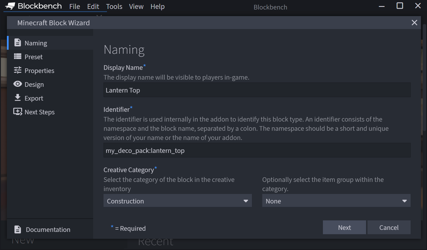Minecraft Block Wizard showcasing where Creators can set the Name and Identifier for their new block.