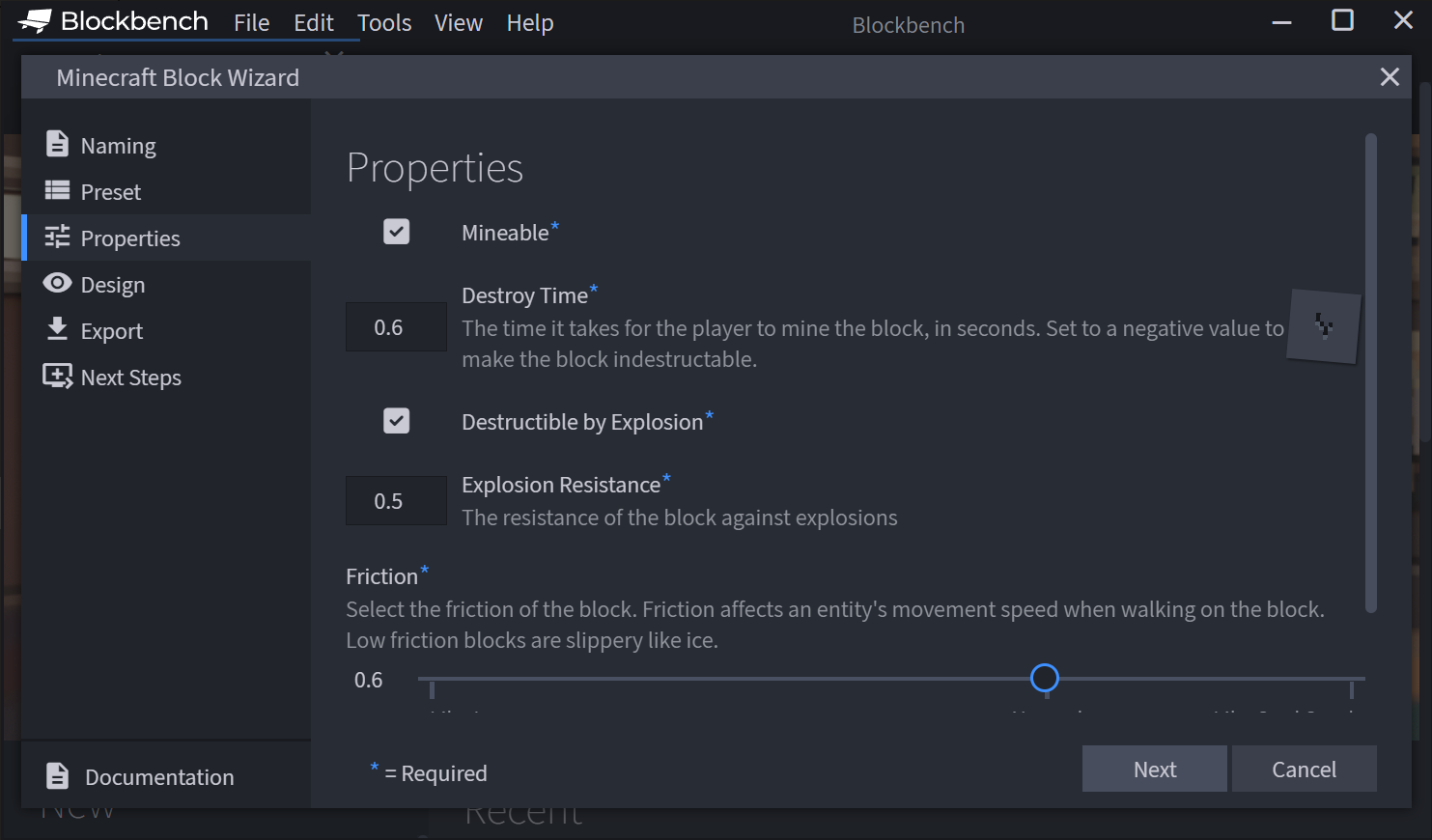 Minecraft Block Wizard showing where Creators can set their block properties.