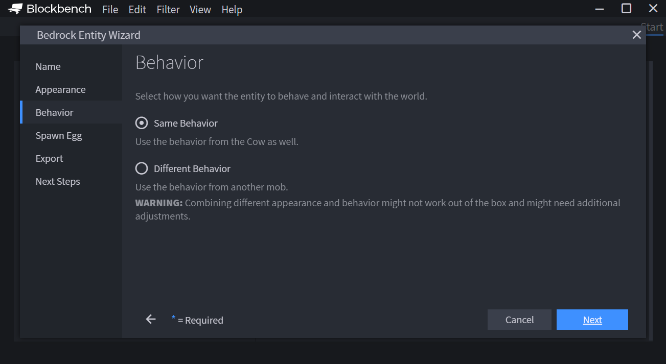 Minecraft Entity Wizard showcasing the behavior tab