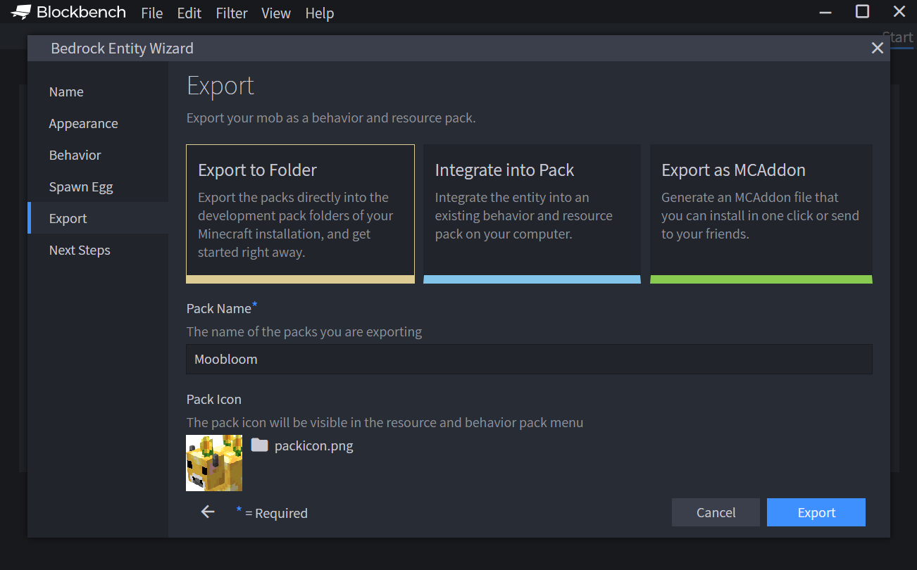 Minecraft Entity Wizard showcasing the Next Steps tab