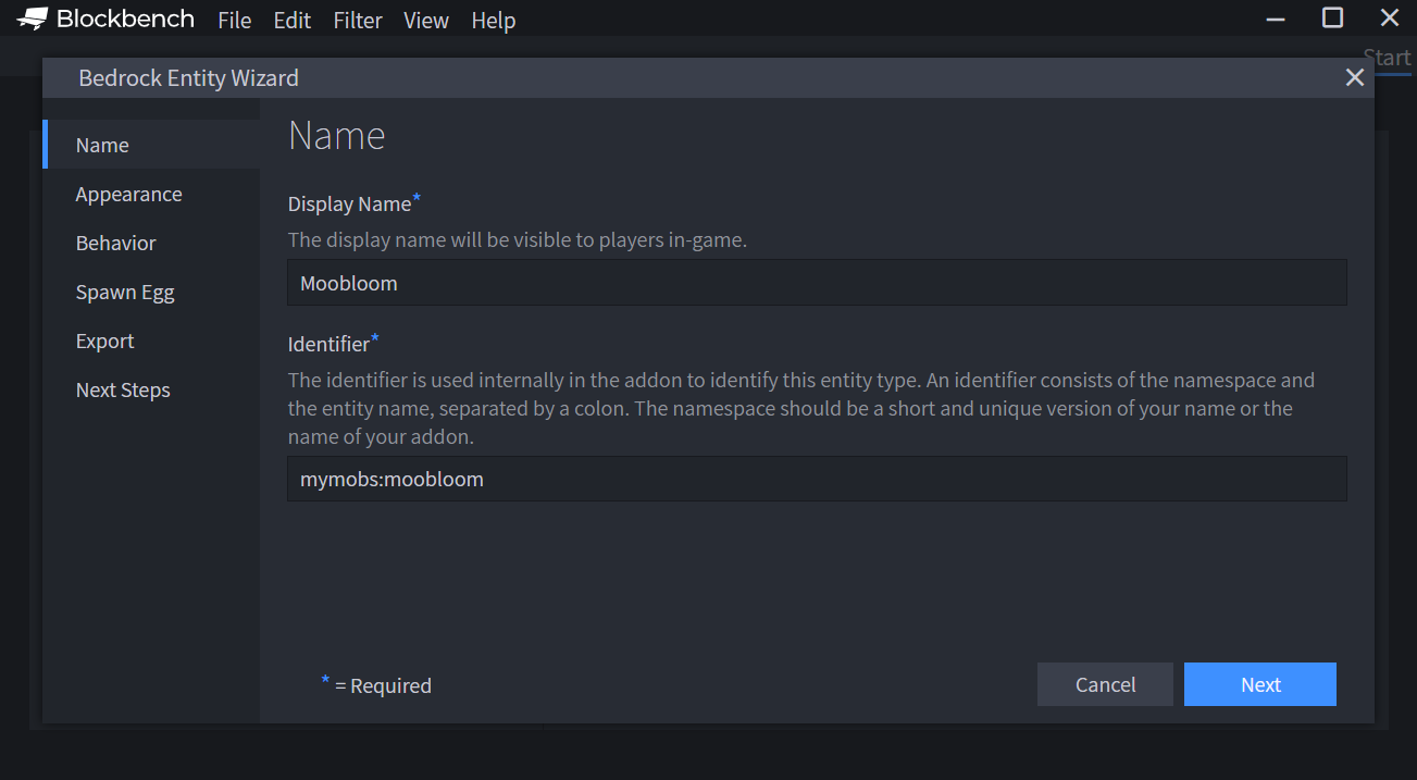 Minecraft Entity Wizard showcasing where creators can set the Name and Identifier for their new entity.