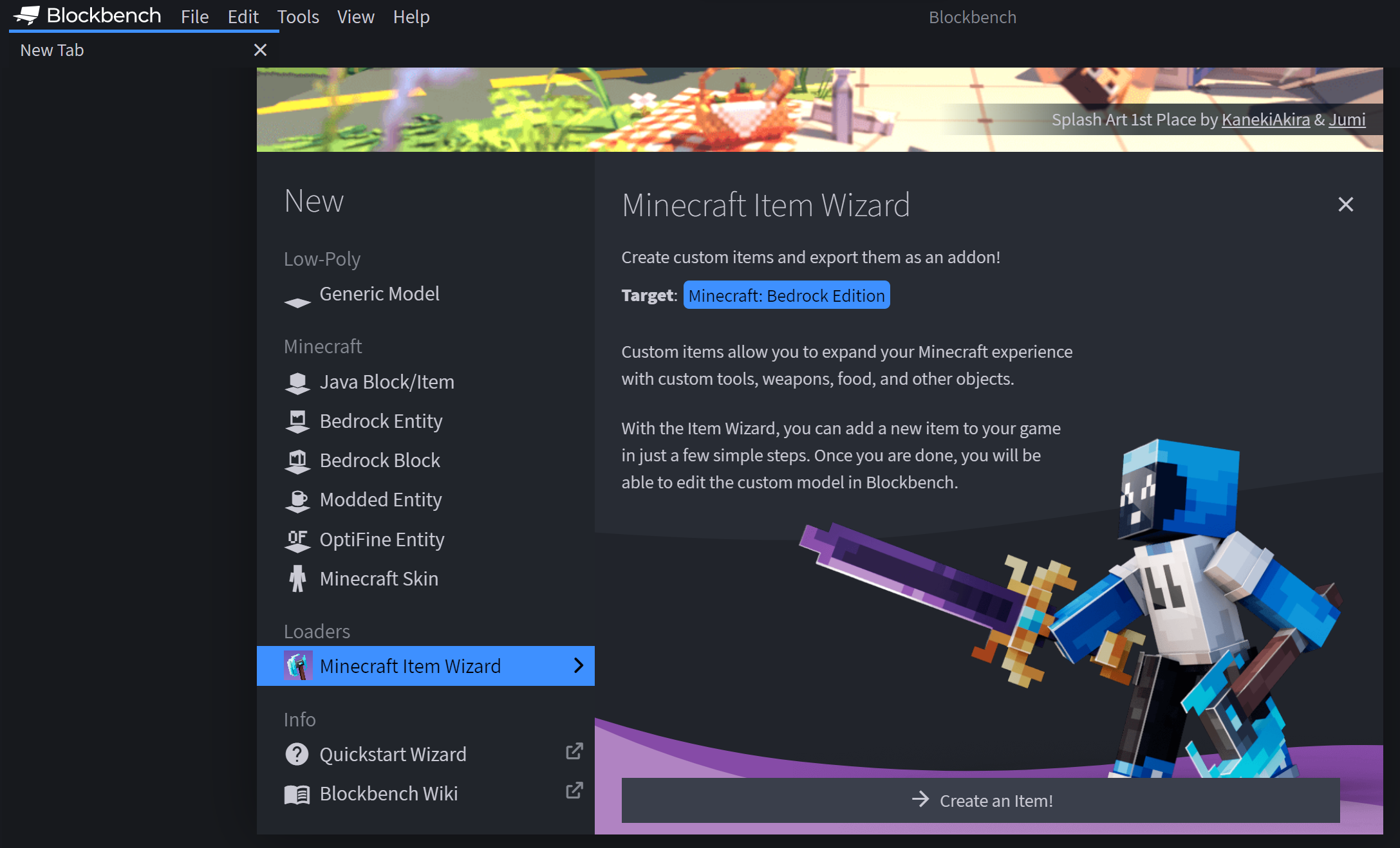Image of the Blockbench start screen with the Create an Item button.