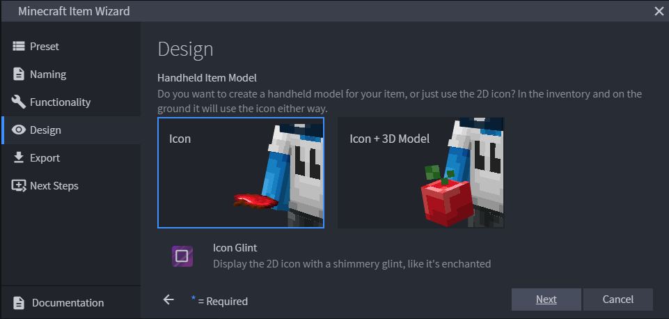 Image of the Design page showing the Handheld Item Model and Icon Glint selections.