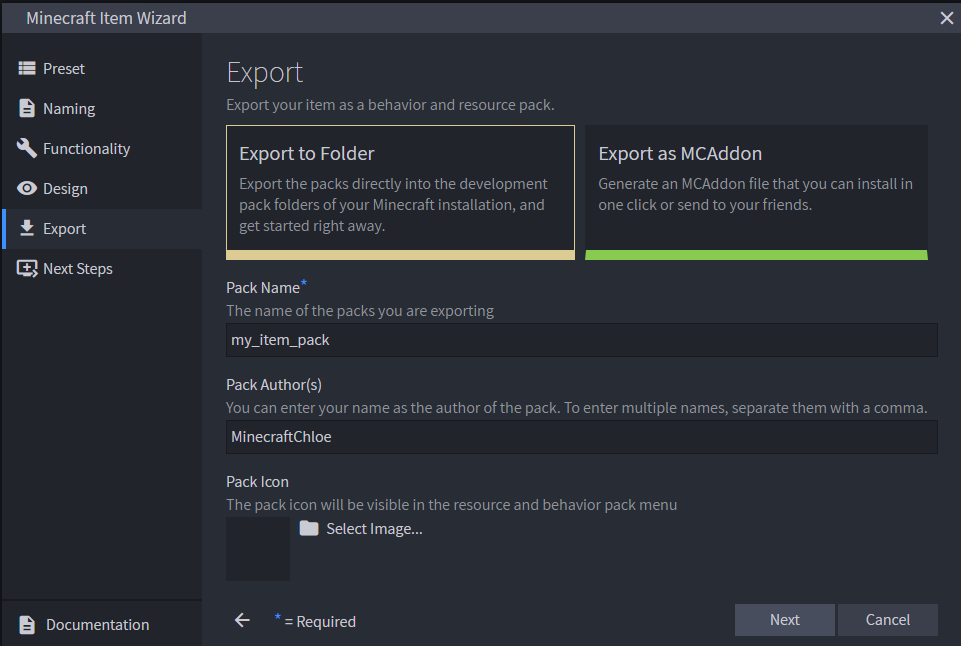 Image of the Blockbench Export screen showing the fields used for creating the behavior pack and resource pack.
