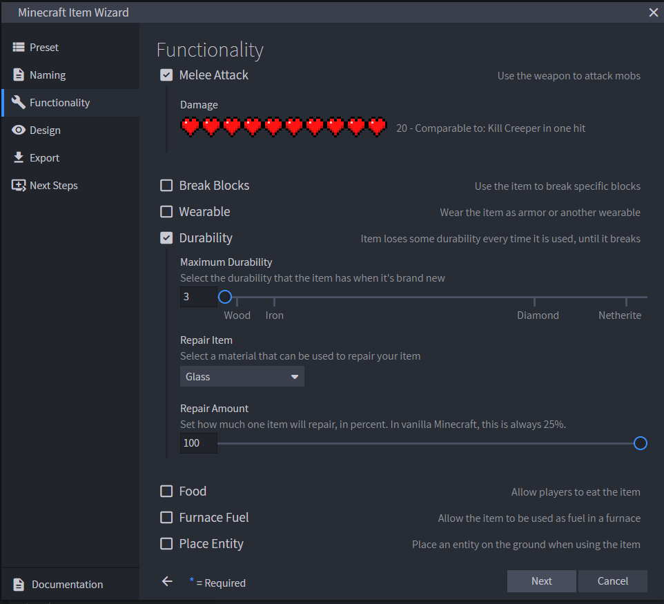 Image of the functionality screen with the options selected according to the instructions in this section.