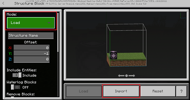 Load Mode page with a highlighted Import button