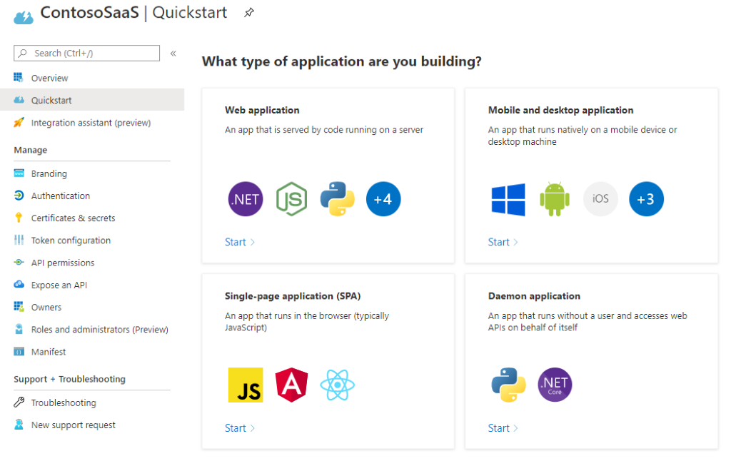 Illustrates the quickstart blade in the Azure portal.