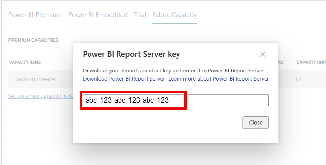 Screenshot of the dialog box displaying the Power BI Report Server product key that can be copied for installation.