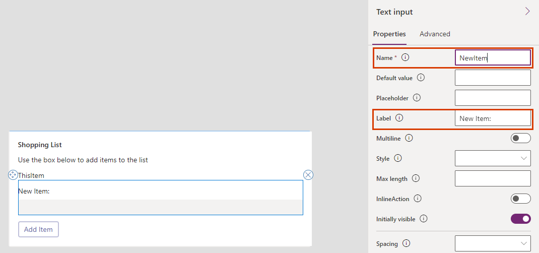 Screenshot of variable names entered in the Name and Label properties of an input text box.