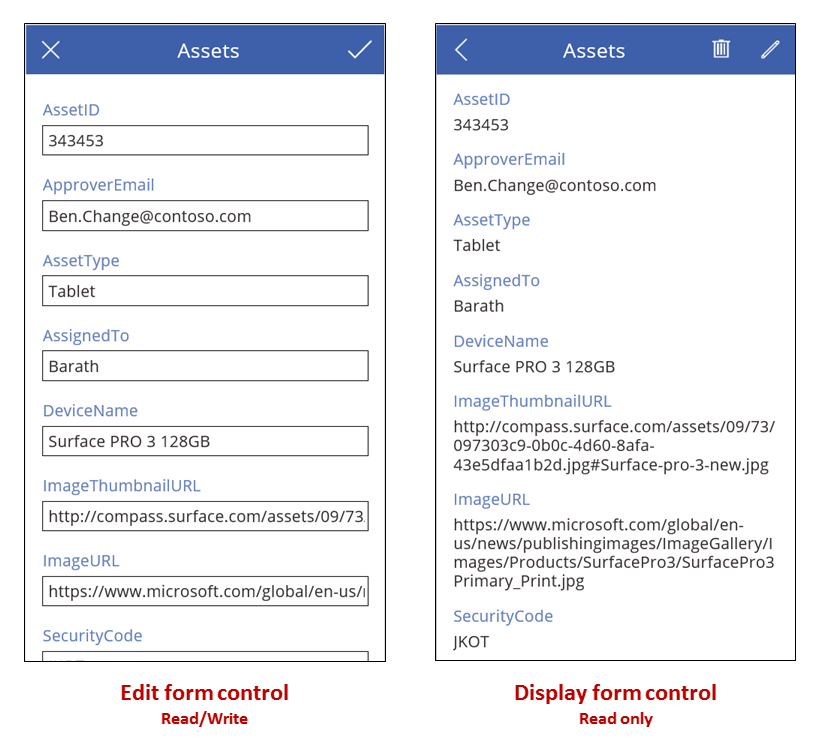 Example form and form view controls.