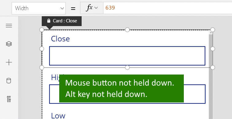 Animation showing the effect of adding the alt key to the resize of a data card.