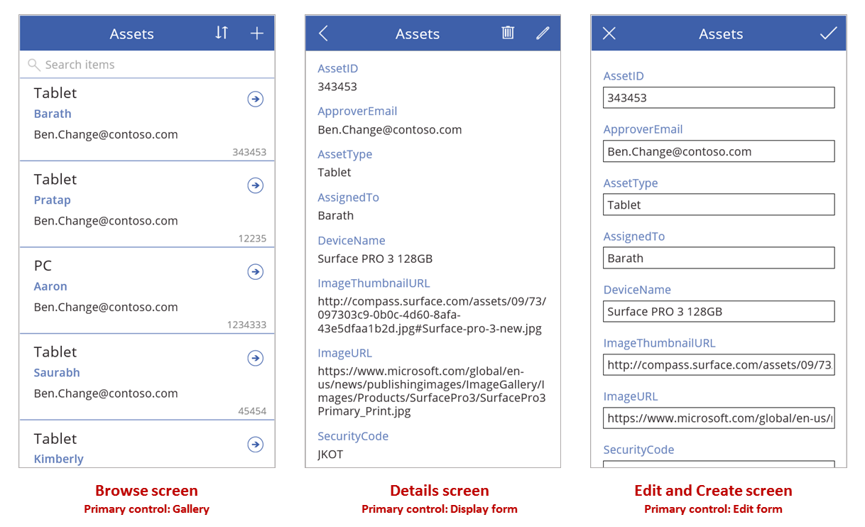 Browse, viewing, and editing records across three screens.