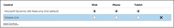 Editable Grid row with form factor selection.