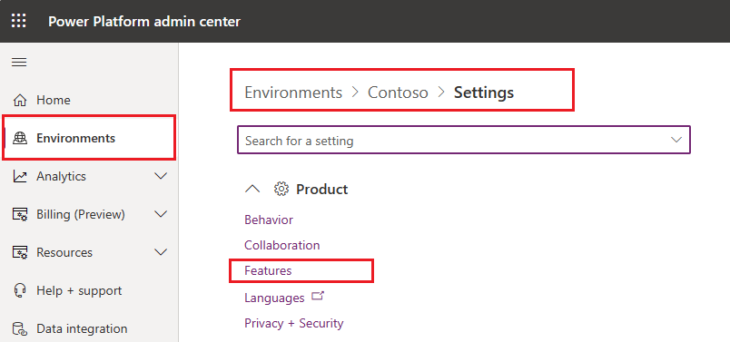 Select copilot feature for the environment.