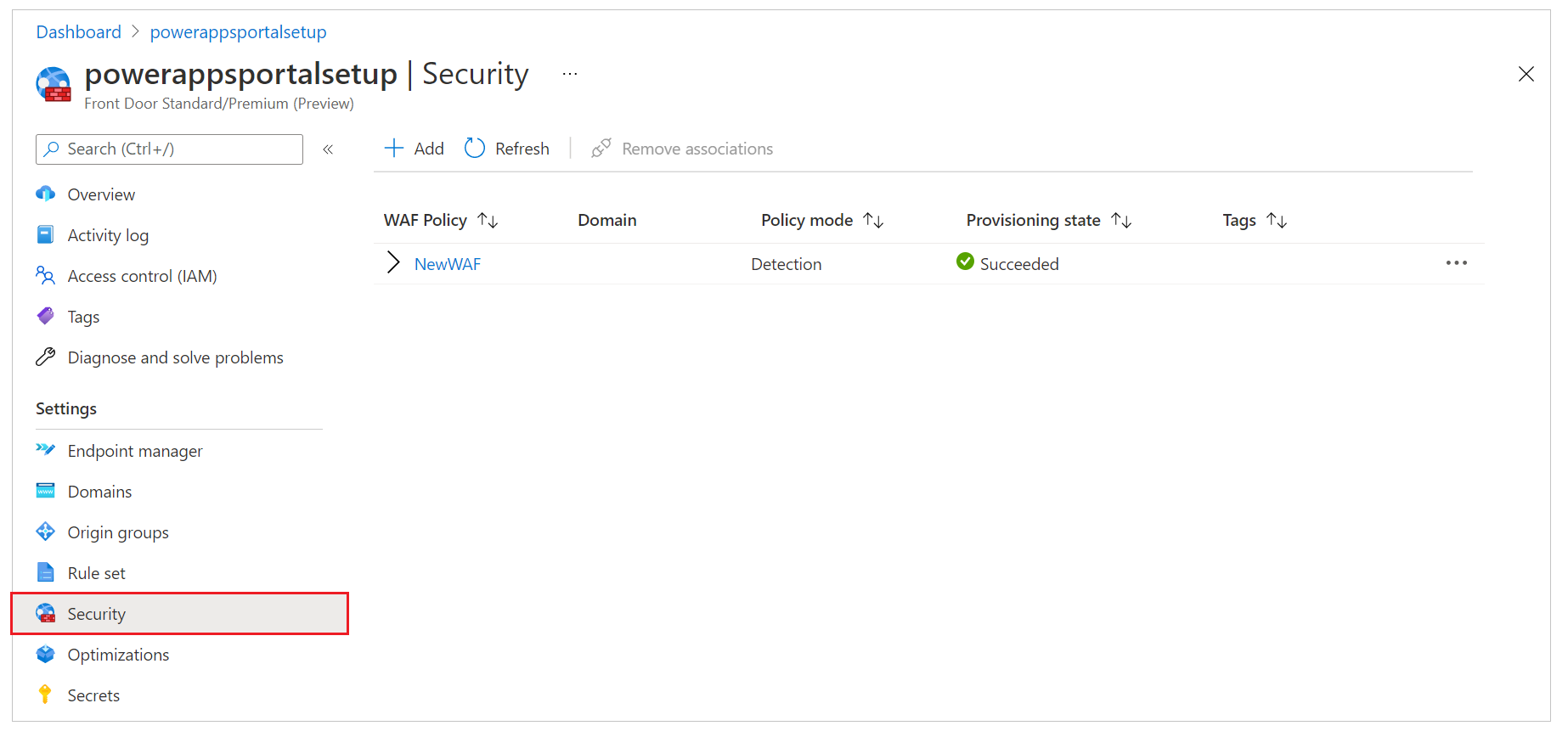 Security tab for Azure Front Door configuration.