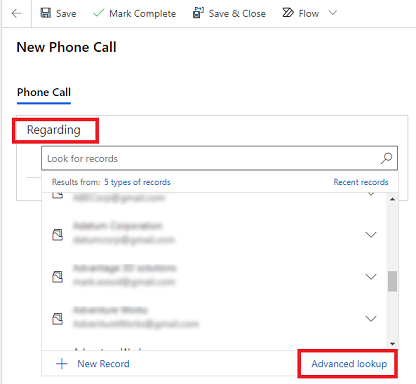 Advanced lookup for Regarding column.