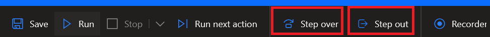 Screenshot of step over and step out options in designer.
