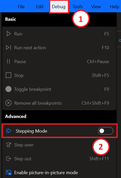 Screenshot of stepping mode.