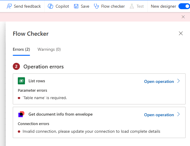 Screenshot of a Flow Checker result displaying two errors in a Power Automate flow.