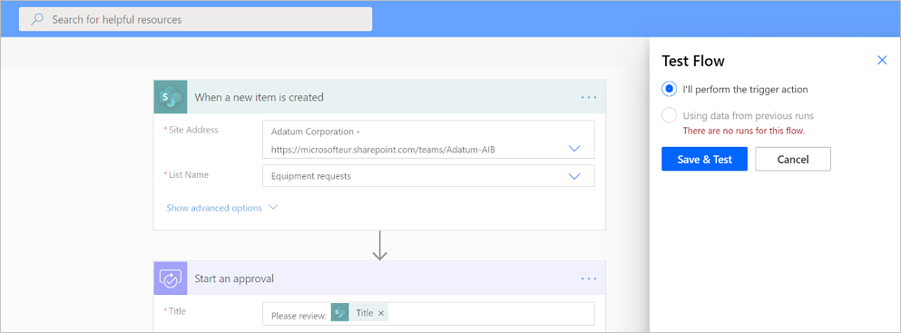 Save and test the flow Screenshot of save and test the flow.