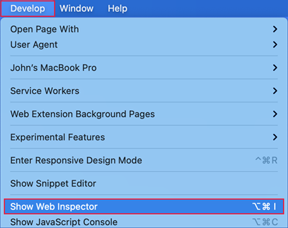 Screenshot of the Develop menu with Show Web Inspector selected.