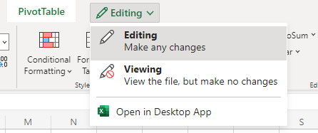 Screenshot of Open Excel Desktop App button in Excel for the web.