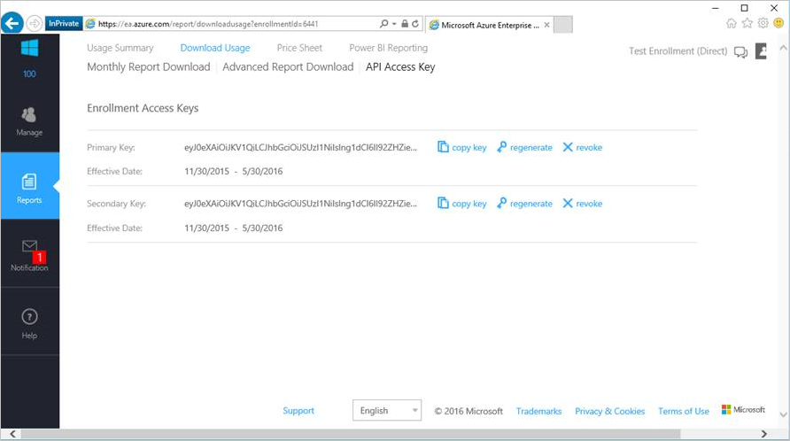 Screenshot of Azure Enterprise Portal showing Enrollment Access Keys.