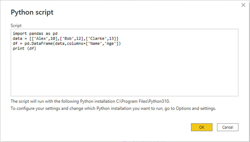 Screenshot that shows pasting the sample Python script into the Python script dialog box.