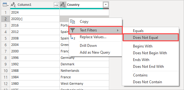 Screenshot shows a context menu with Text Filters and Does Not Equal selected.