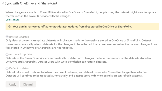 Screenshot showing semantic model settings note that owner can't enable automatic updates.