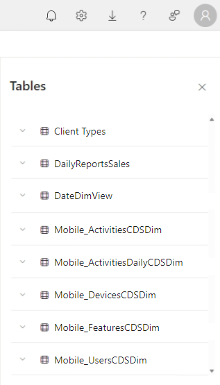 Screenshot of the Tables side panel on the semantic model details page.