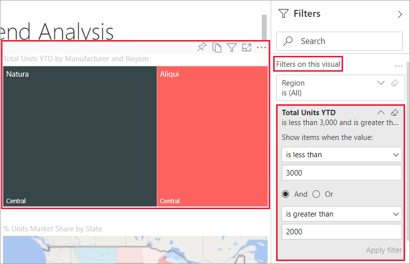 Screenshot of a report with the filter that shows the treemap visual selected.