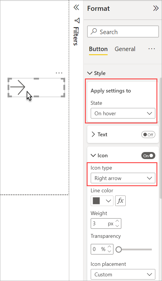 Screenshot showing the On hover state of a button in a Power BI report.