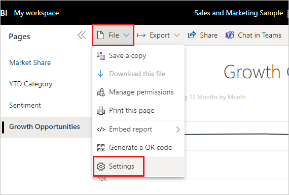 Screenshot of the Power BI service, highlighting the File menu on the ribbon and Settings options.