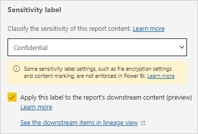 Screenshot of the sensitivity label dialog with the user consent for downstream inheritance checked.