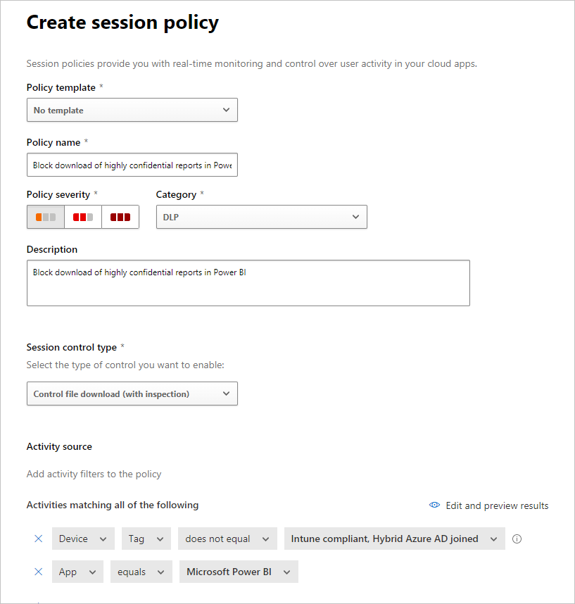 Screenshot of the Defender for Cloud App Security window showing the create session policy configuration panel.