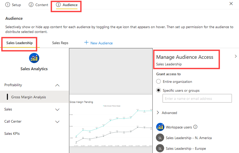 Screenshot of app audience setup in the Power BI service.