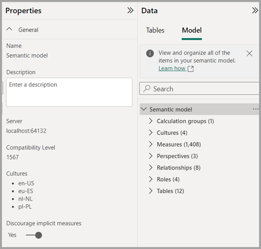 Screenshot of the semantic model information in Model explorer.