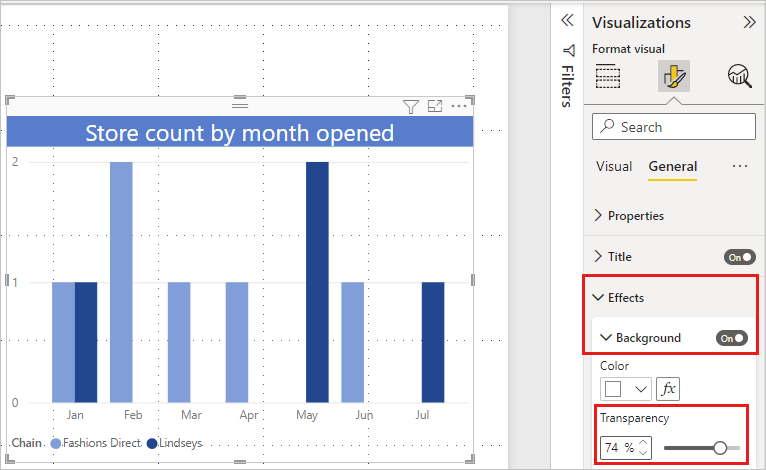 Screenshot of the clustered column chart with background color updated.