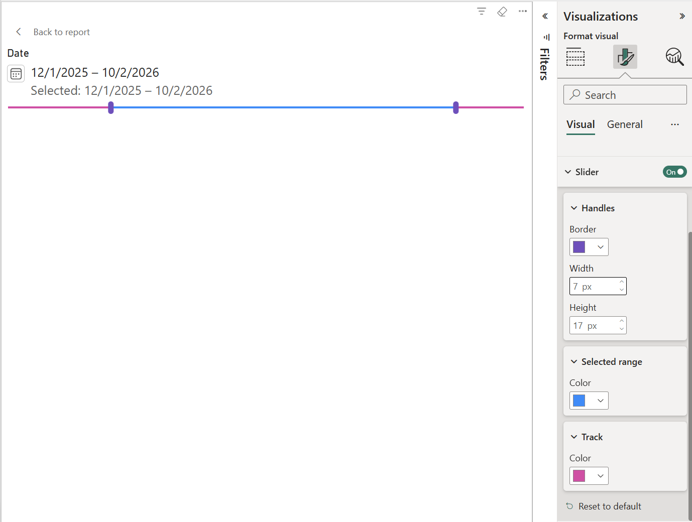 Screenshot of a date range slicer with rectangular slider handles and Border, Width, and Height options in the Format pane.
