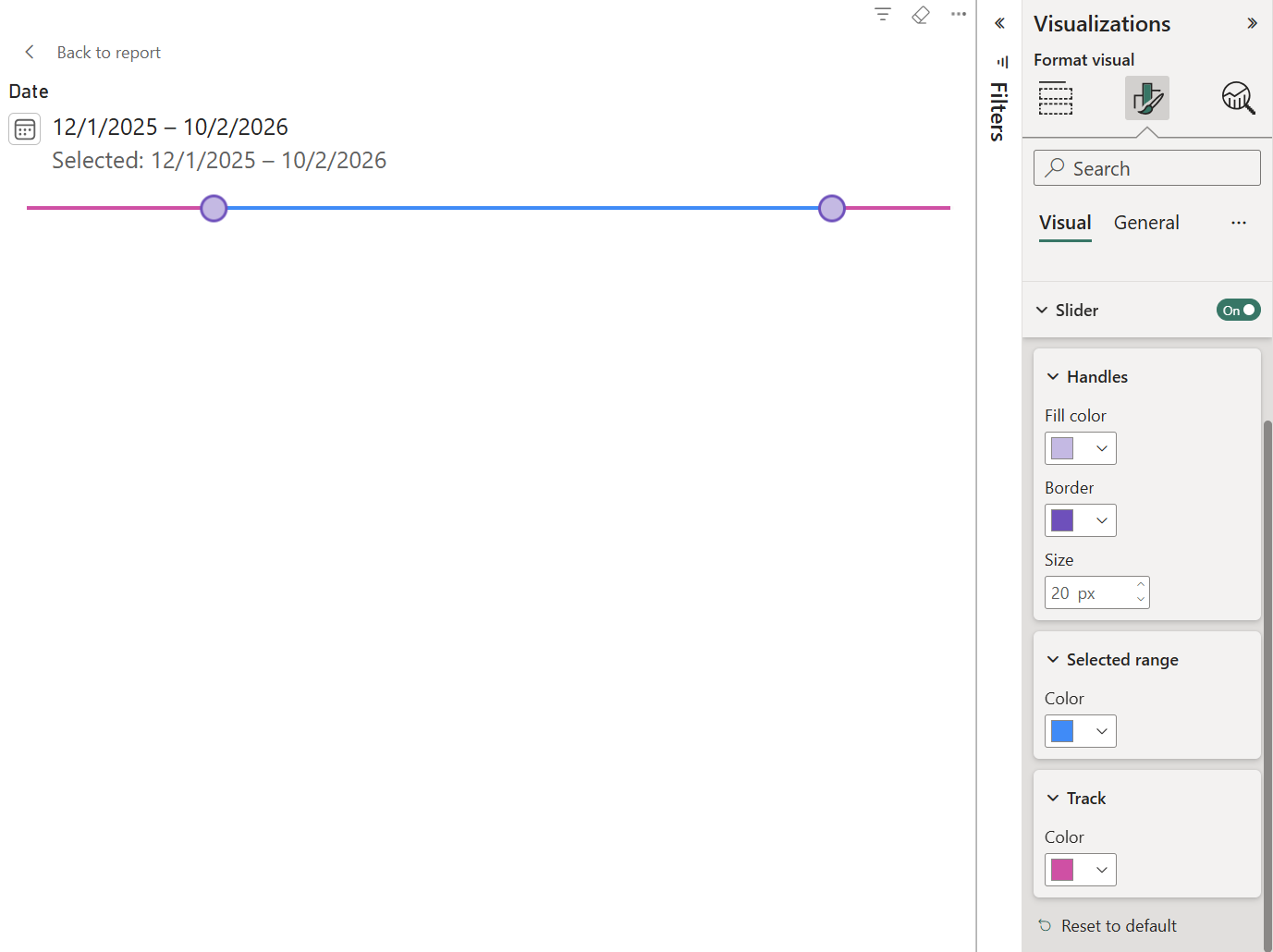 Screenshot of a date range slicer with round handles and Fill color, Border, and Size options in the Format pane.