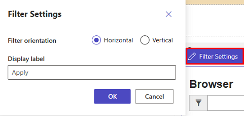 The filter settings menu options inside Design Studio with the vertical filter orientation button selected.