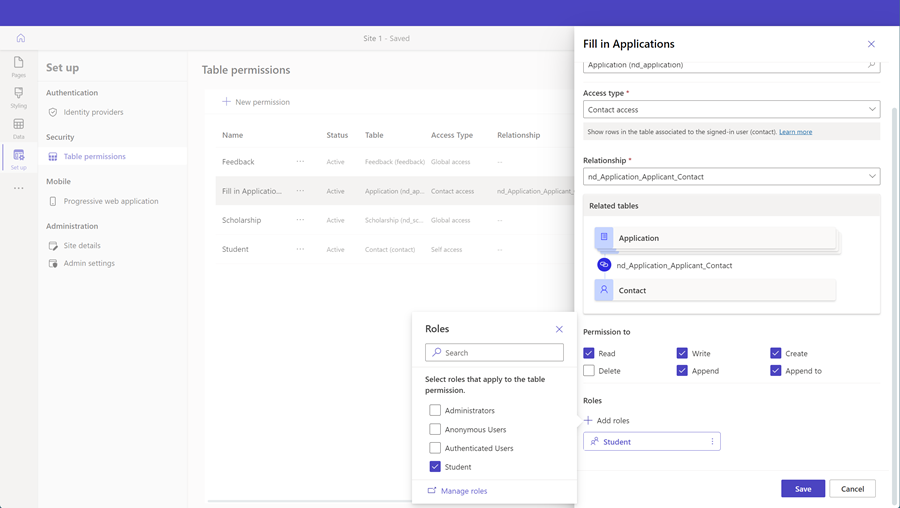 Screenshot of adding web roles to a table permission in Power Pages.