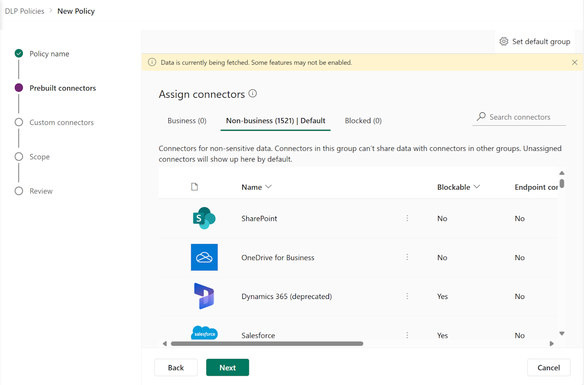 Environment admins can see all custom connectors in their environments, alongside prebuilt connectors, on the **Connectors** page in data policies.