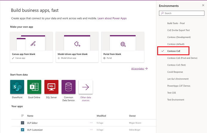 Screenshot that shows the Power Apps maker portal environment with the example environment highlighted from the Environments menu.