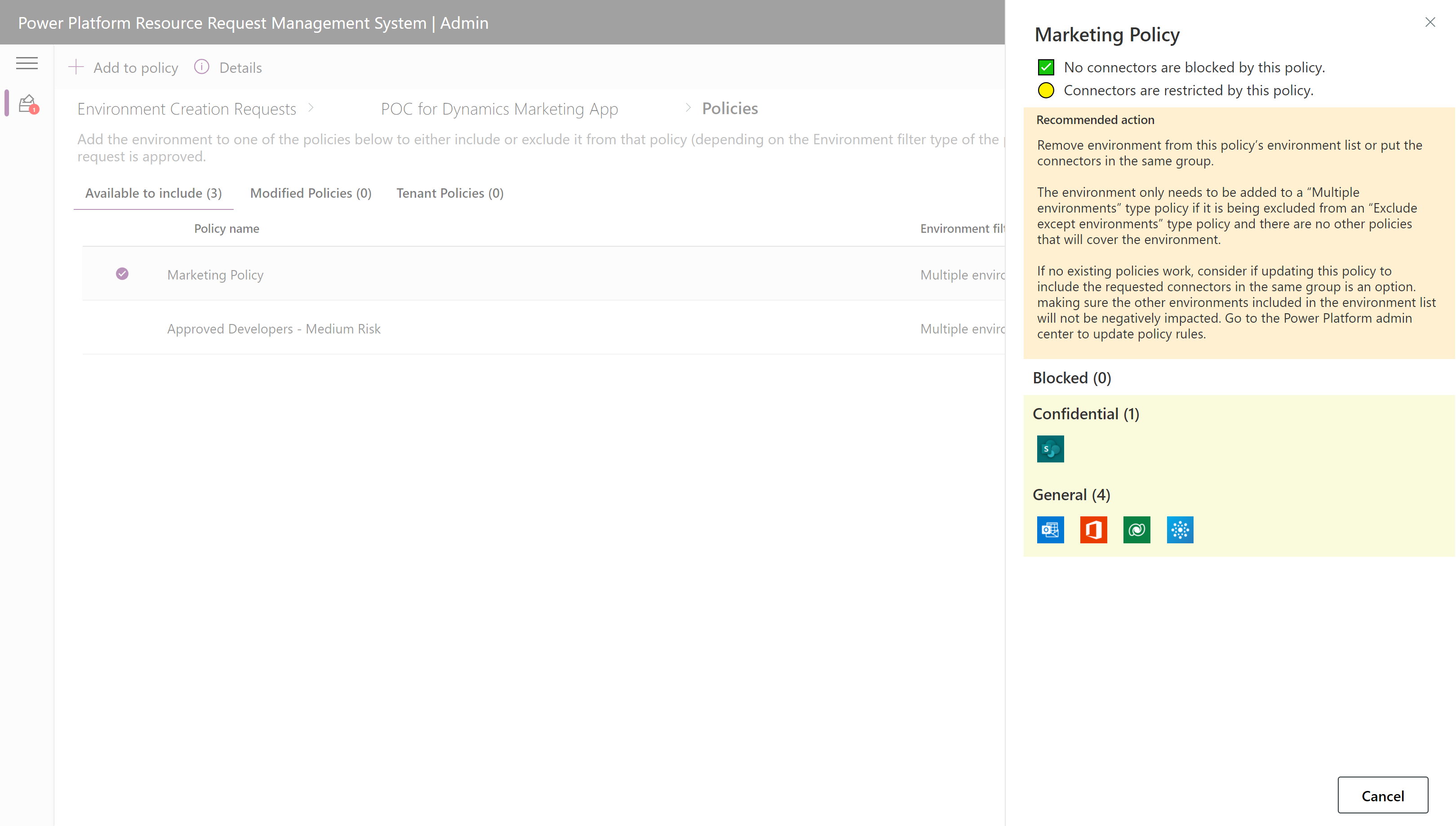 Screenshot showing details of the selected Marketing Policy.